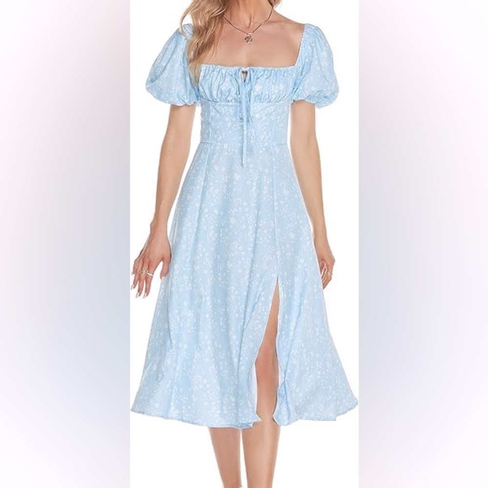 EUC ✨Womens Square Neck Floral Dress Puff Sleeves High Waist Slit(Blue) - size L